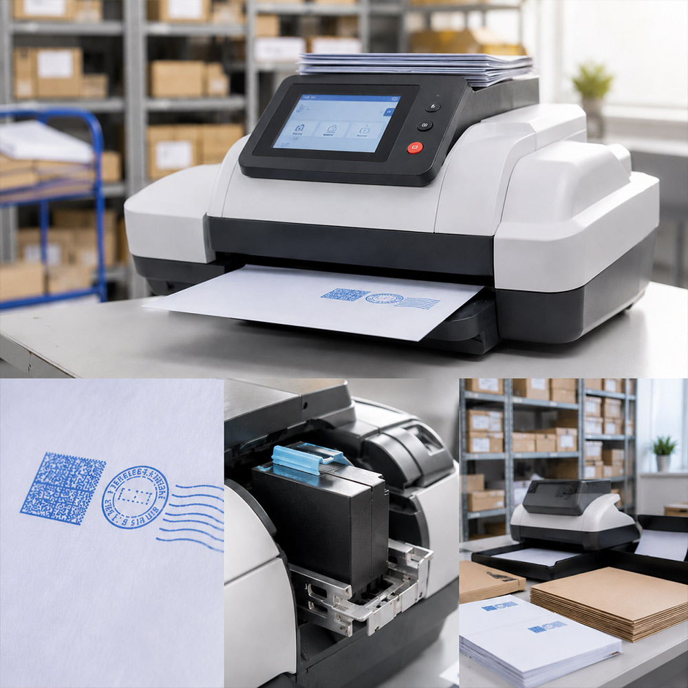 Macchina affrancatrice con stampa postale blu in ufficio spedizioni aziendale