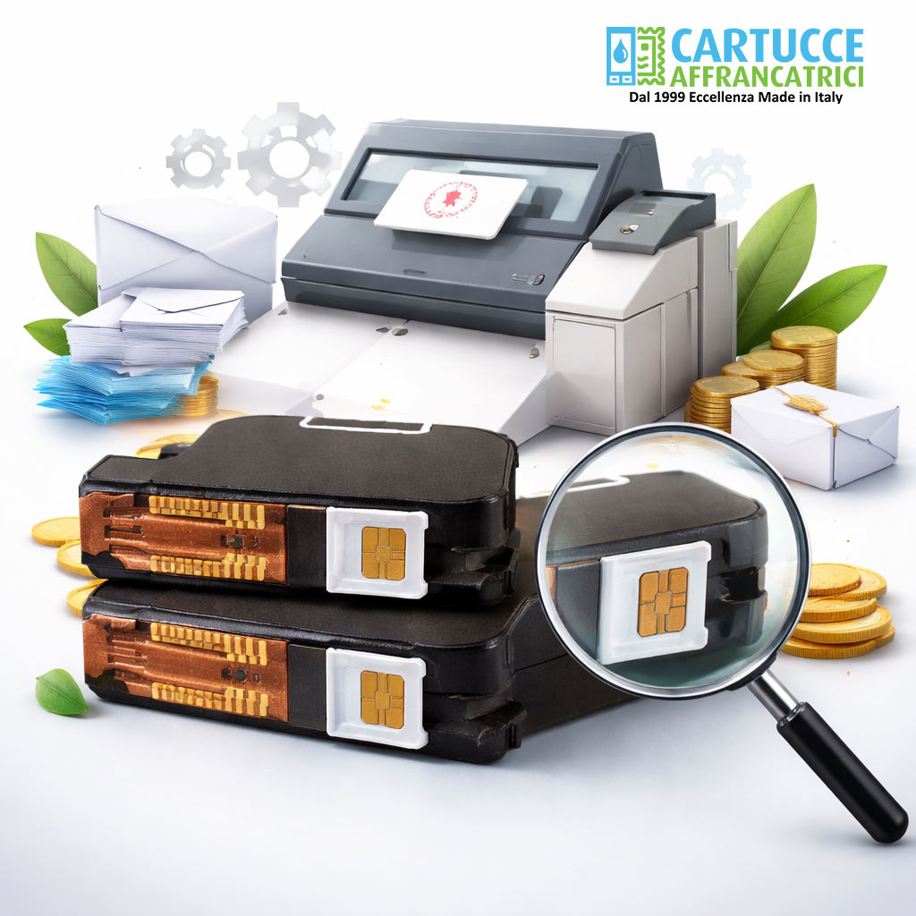 Cartucce compatibili per macchine affrancatrici disposte su un piano, illustrate come alternativa economica e affidabile alle originali