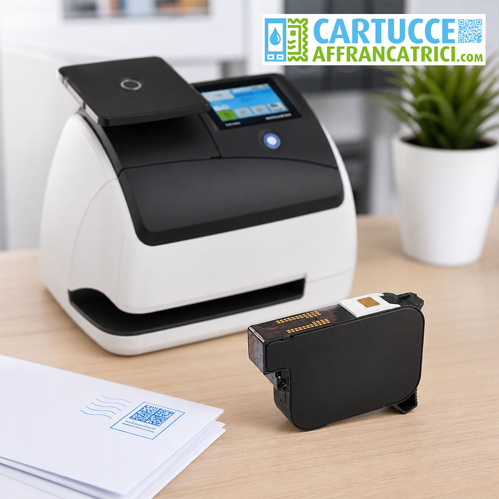 Cartuccia originale FP PostBase Mini Q2353A accanto ad affrancatrice compatta da ufficio con stampa blu su busta